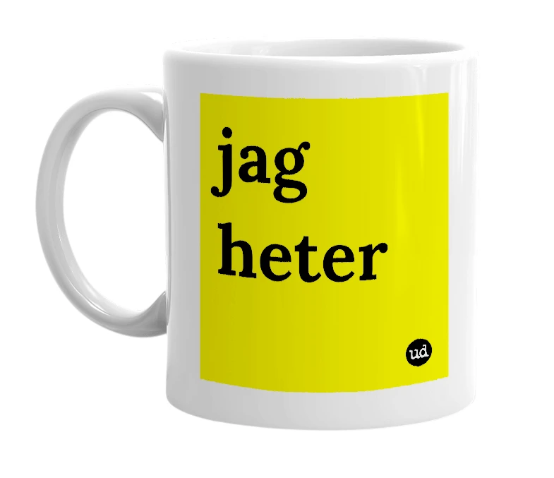 White mug with 'jag heter' in bold black letters