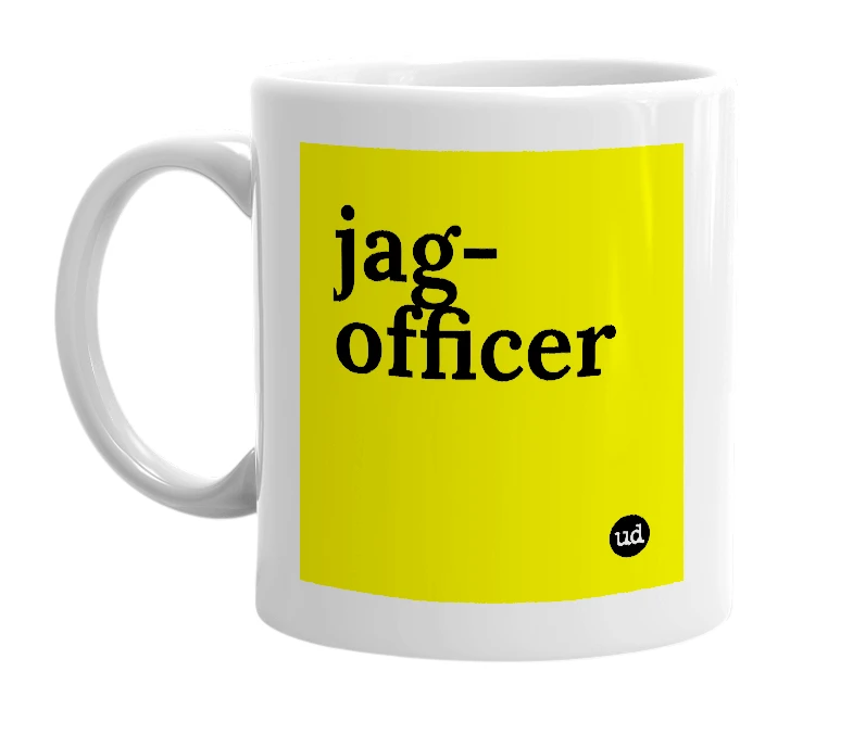 White mug with 'jag-officer' in bold black letters