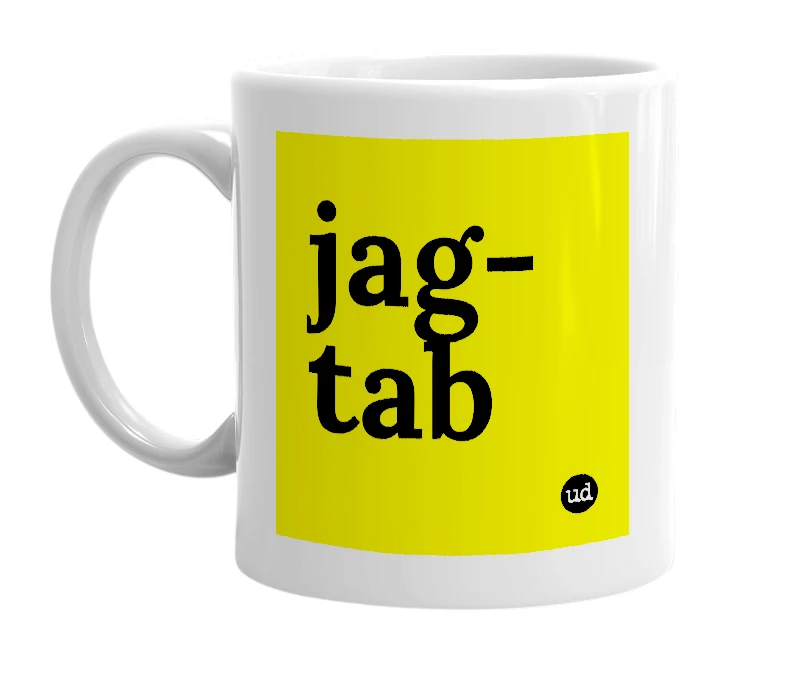 White mug with 'jag-tab' in bold black letters