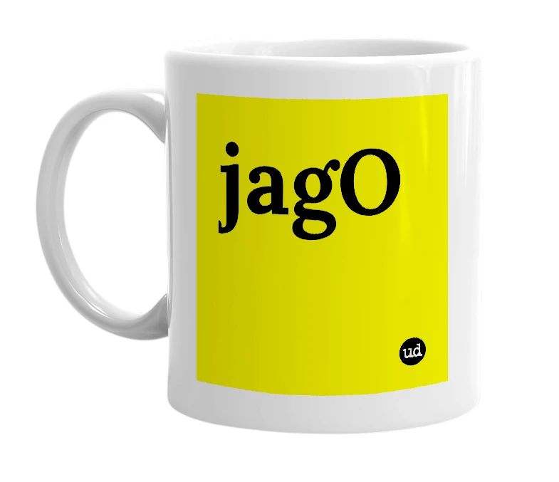 White mug with 'jagO' in bold black letters