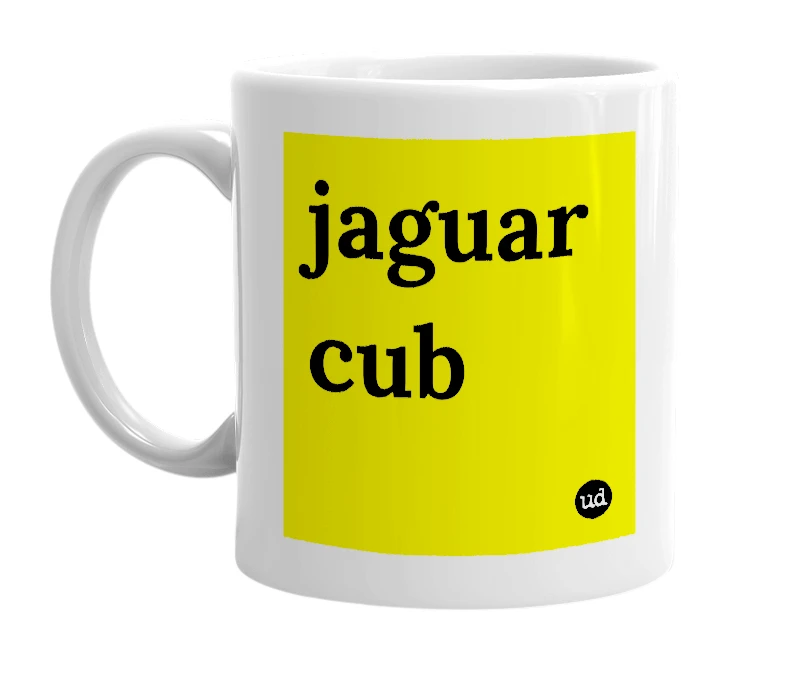 White mug with 'jaguar cub' in bold black letters