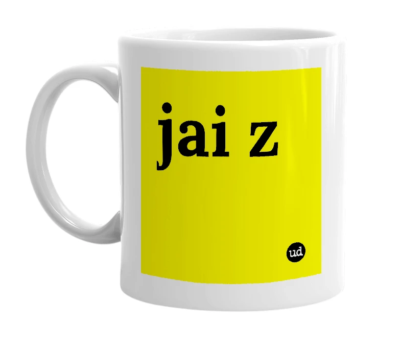 White mug with 'jai z' in bold black letters