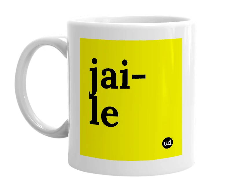 White mug with 'jai-le' in bold black letters