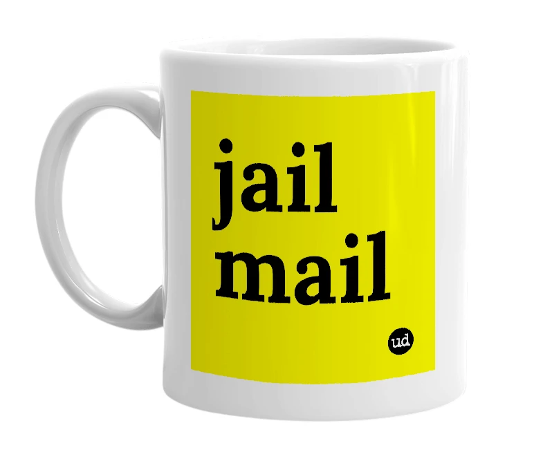 White mug with 'jail mail' in bold black letters