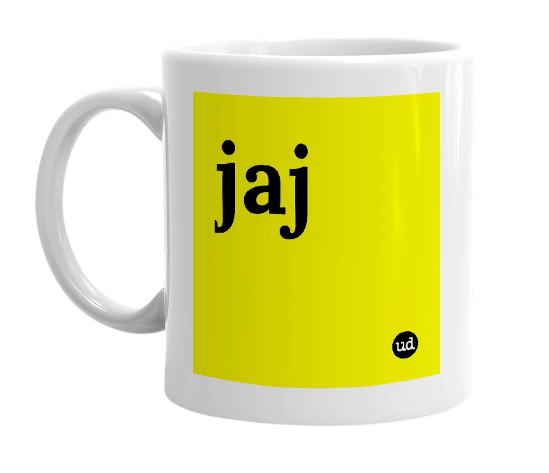 White mug with 'jaj' in bold black letters