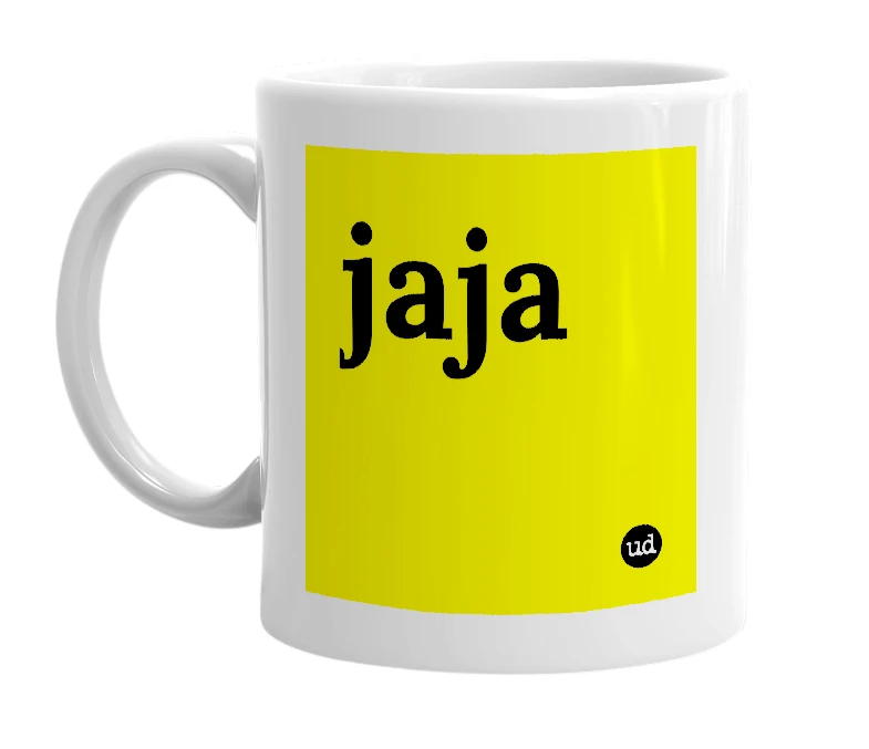 White mug with 'jaja' in bold black letters