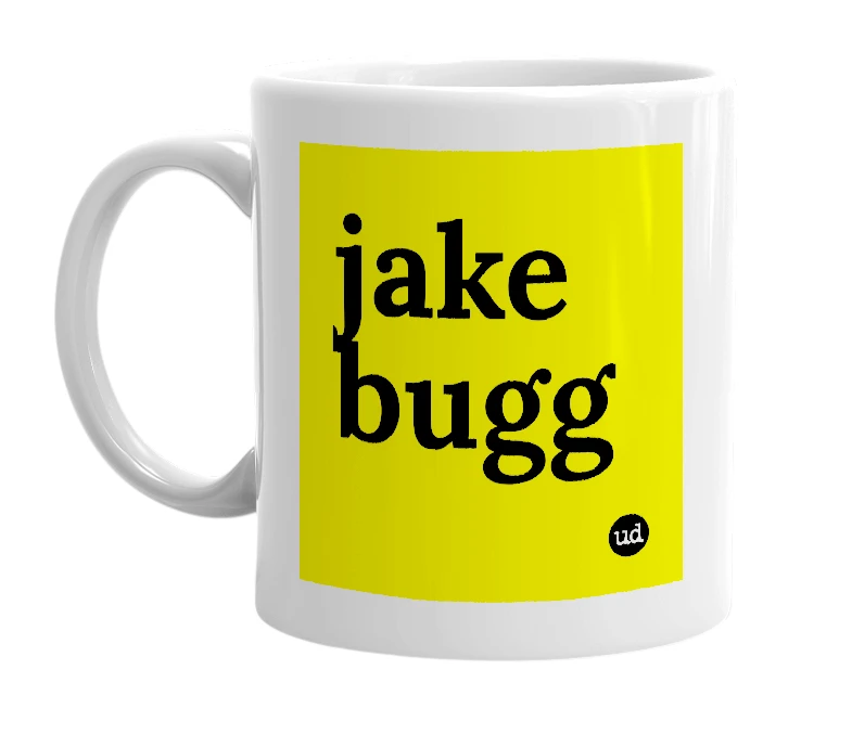 White mug with 'jake bugg' in bold black letters