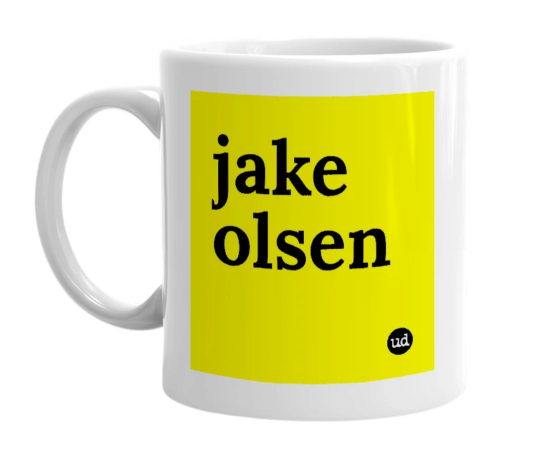 White mug with 'jake olsen' in bold black letters