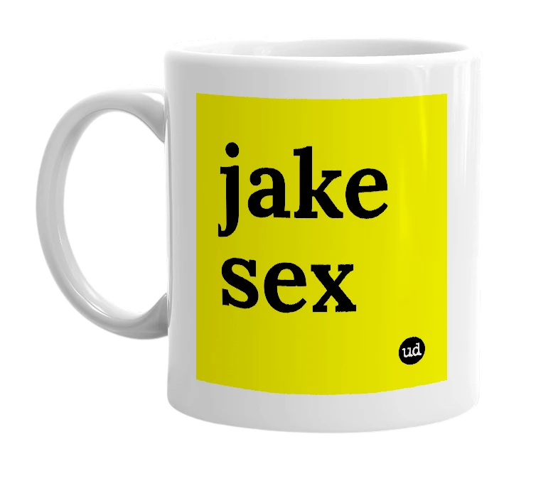 White mug with 'jake sex' in bold black letters