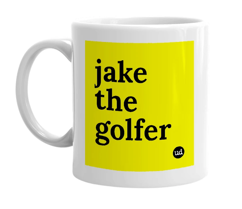 White mug with 'jake the golfer' in bold black letters