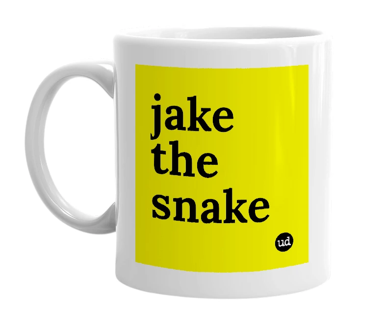 White mug with 'jake the snake' in bold black letters