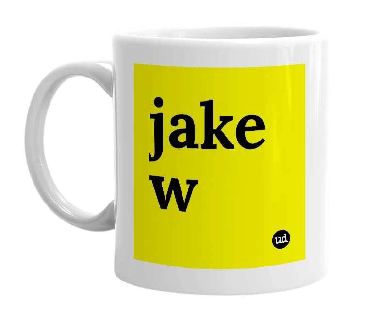 White mug with 'jake w' in bold black letters