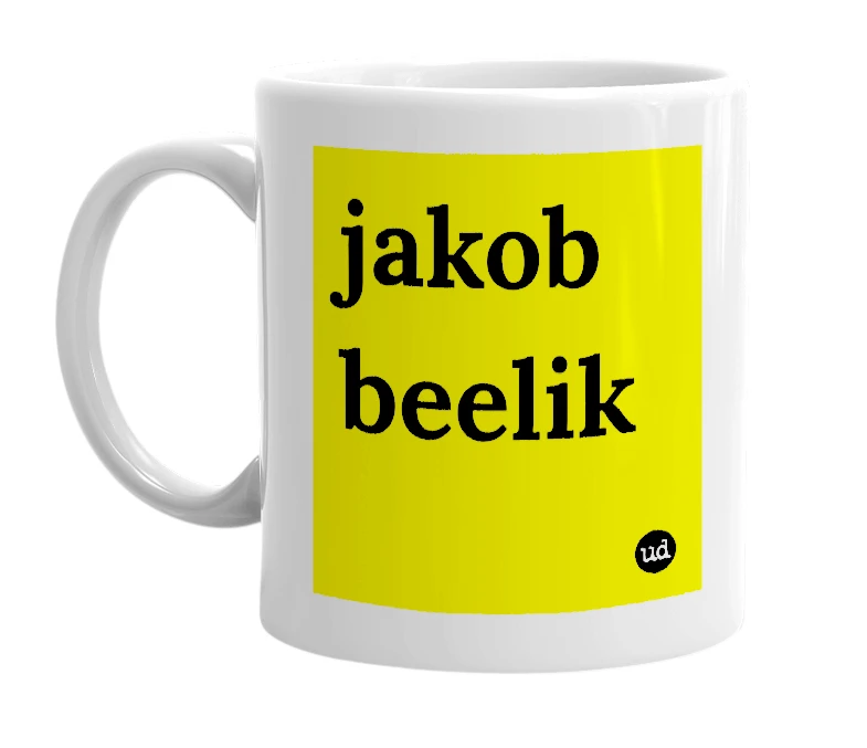 White mug with 'jakob beelik' in bold black letters