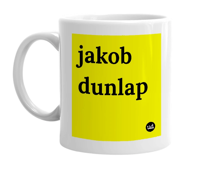 White mug with 'jakob dunlap' in bold black letters
