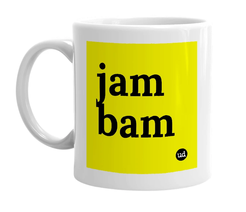 White mug with 'jam bam' in bold black letters