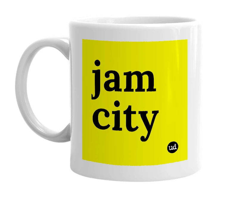 White mug with 'jam city' in bold black letters