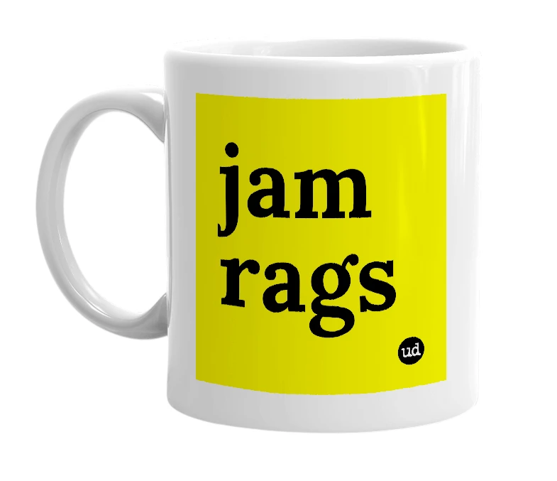 White mug with 'jam rags' in bold black letters