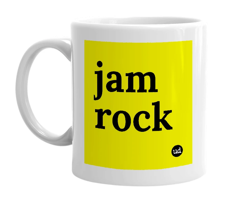 White mug with 'jam rock' in bold black letters