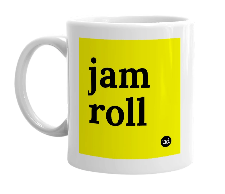 White mug with 'jam roll' in bold black letters