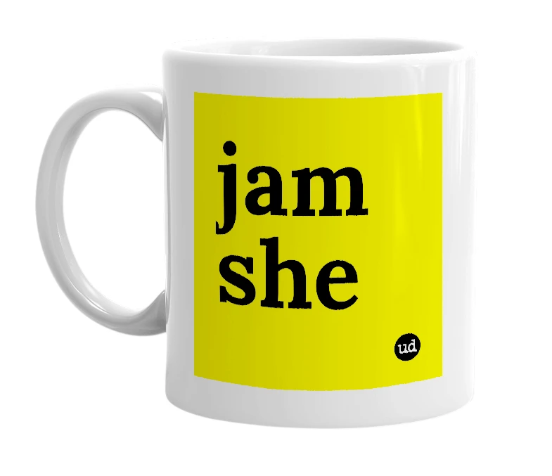 White mug with 'jam she' in bold black letters