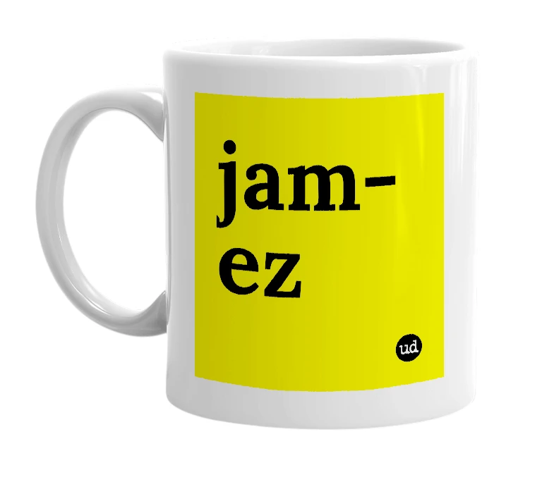 White mug with 'jam-ez' in bold black letters