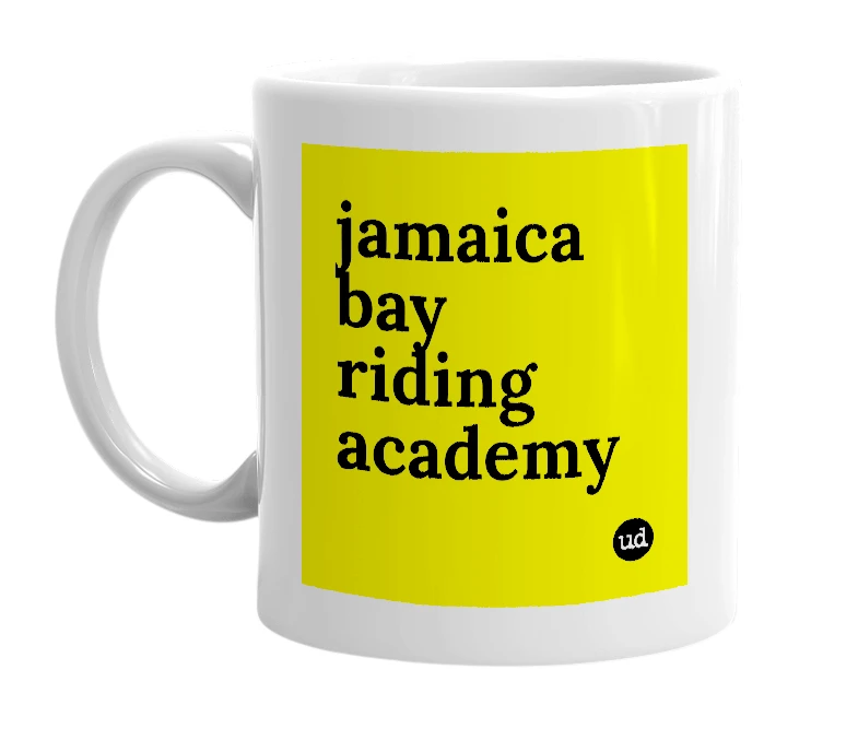 White mug with 'jamaica bay riding academy' in bold black letters