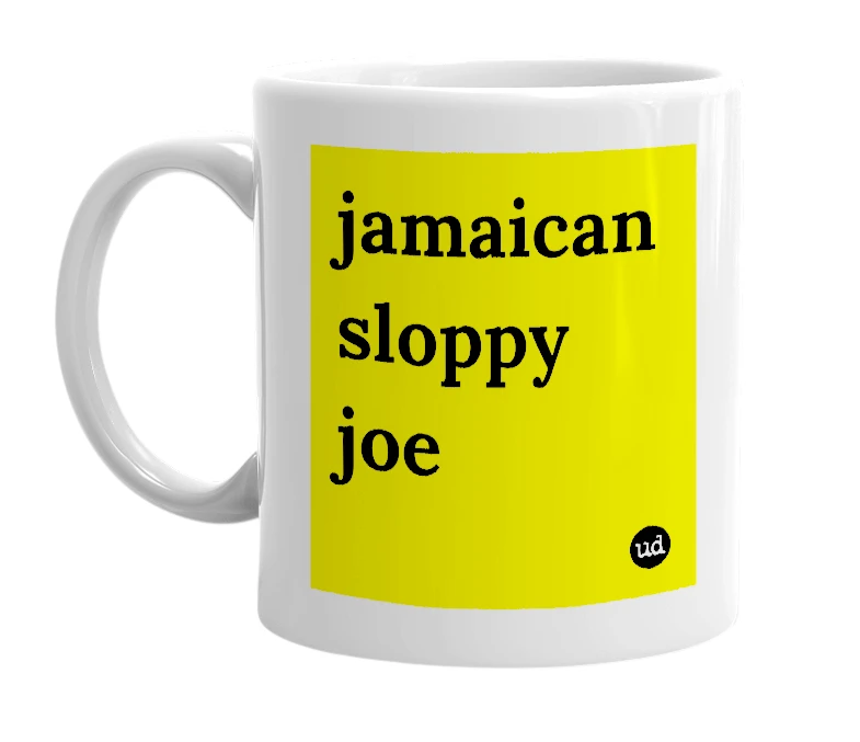 White mug with 'jamaican sloppy joe' in bold black letters
