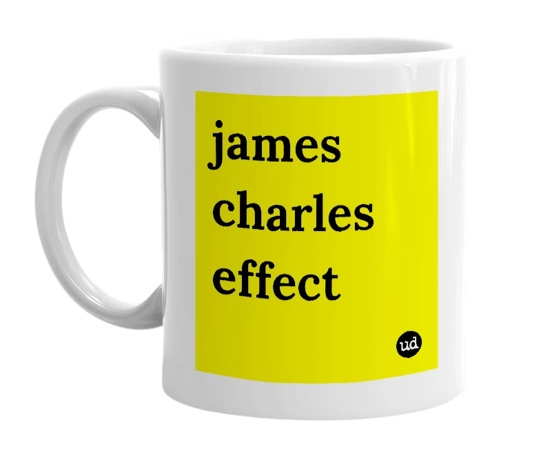 White mug with 'james charles effect' in bold black letters
