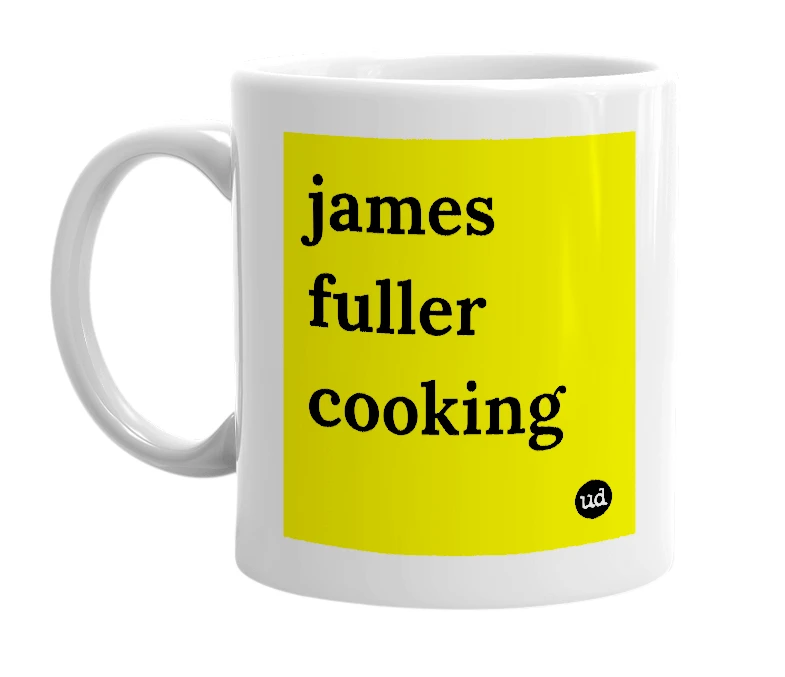 White mug with 'james fuller cooking' in bold black letters
