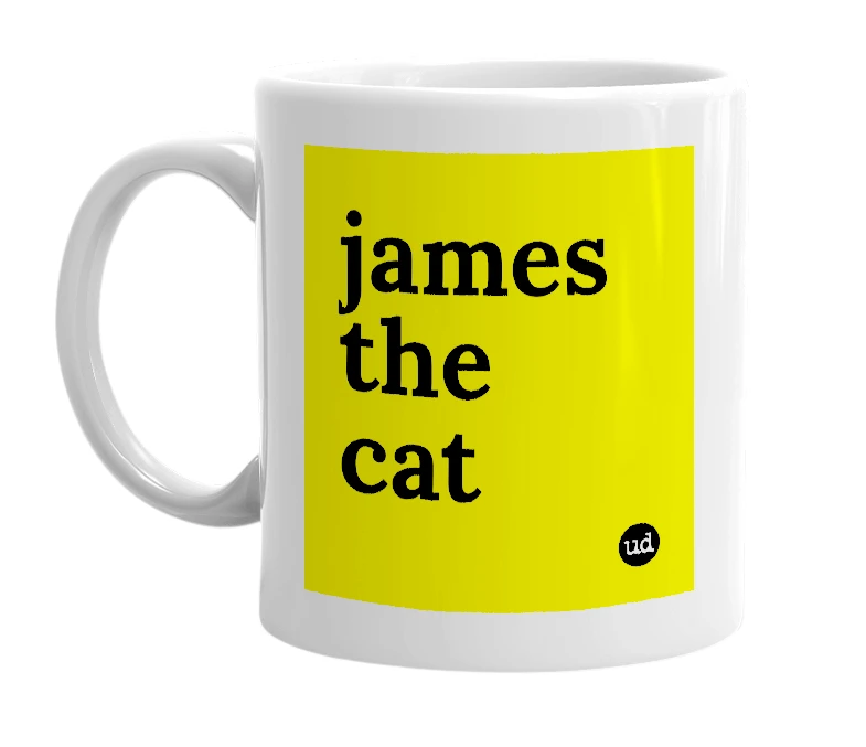 White mug with 'james the cat' in bold black letters