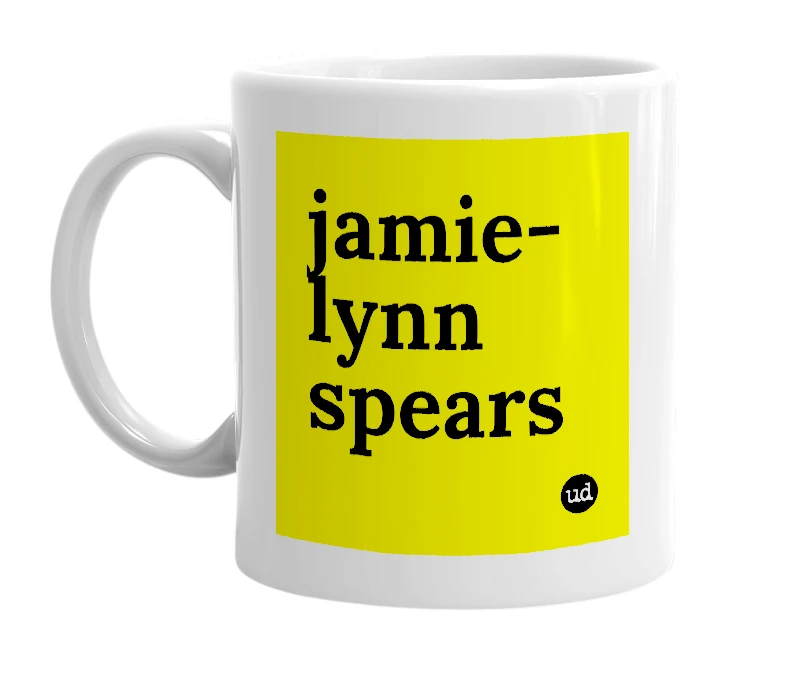 White mug with 'jamie-lynn spears' in bold black letters