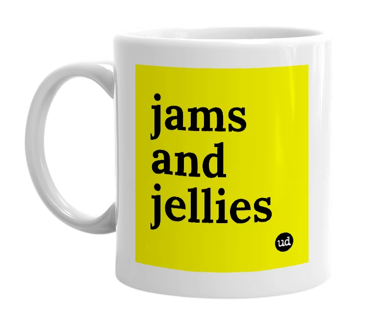 White mug with 'jams and jellies' in bold black letters