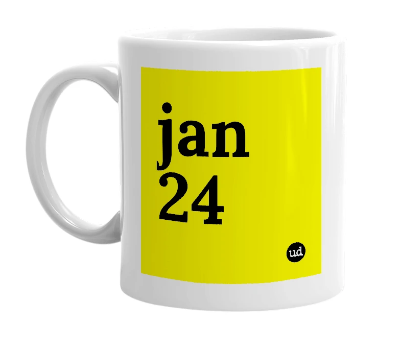 White mug with 'jan 24' in bold black letters