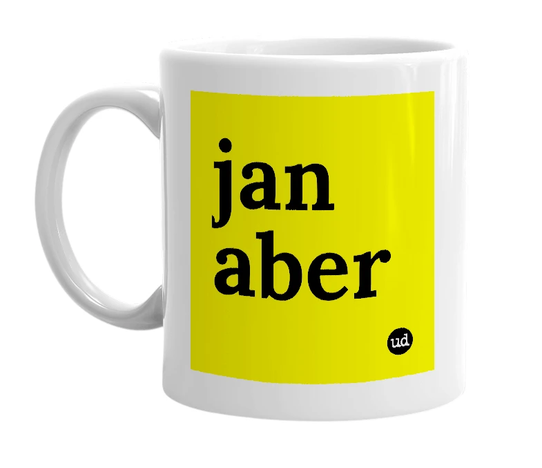 White mug with 'jan aber' in bold black letters