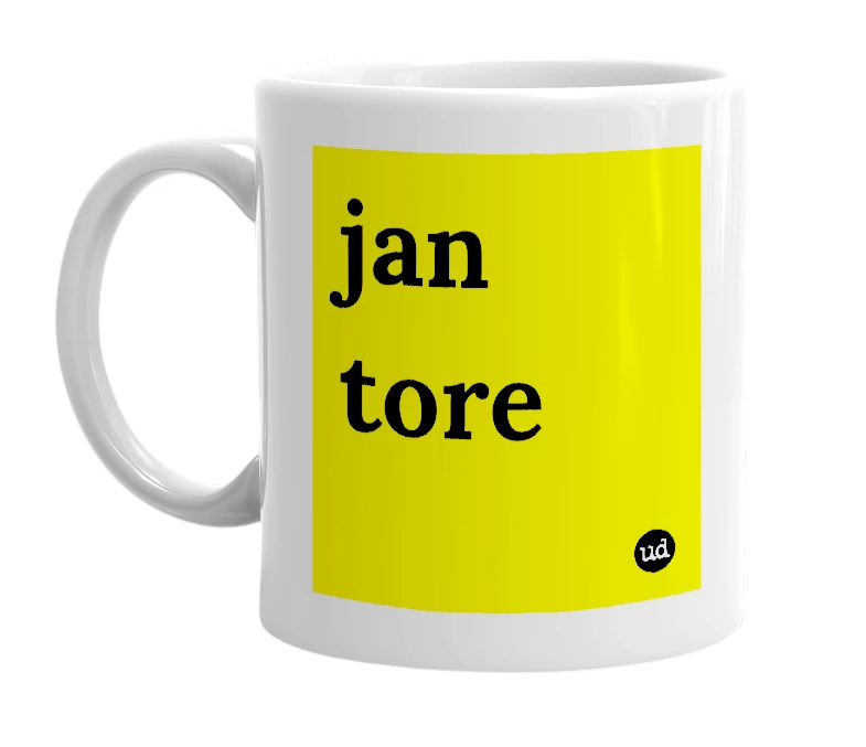 White mug with 'jan tore' in bold black letters
