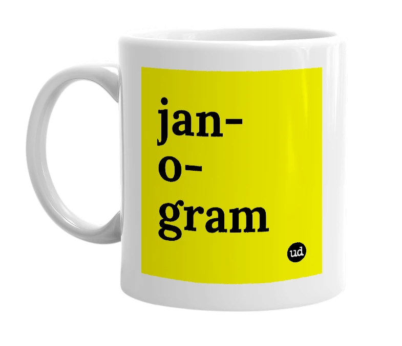 White mug with 'jan-o-gram' in bold black letters