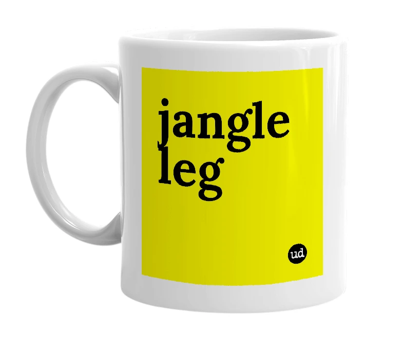 White mug with 'jangle leg' in bold black letters