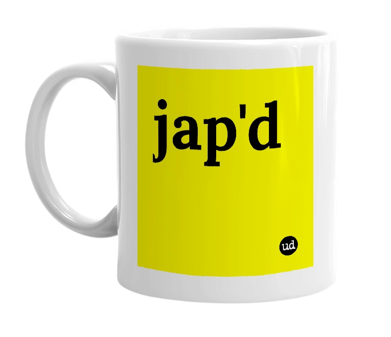 White mug with 'jap'd' in bold black letters