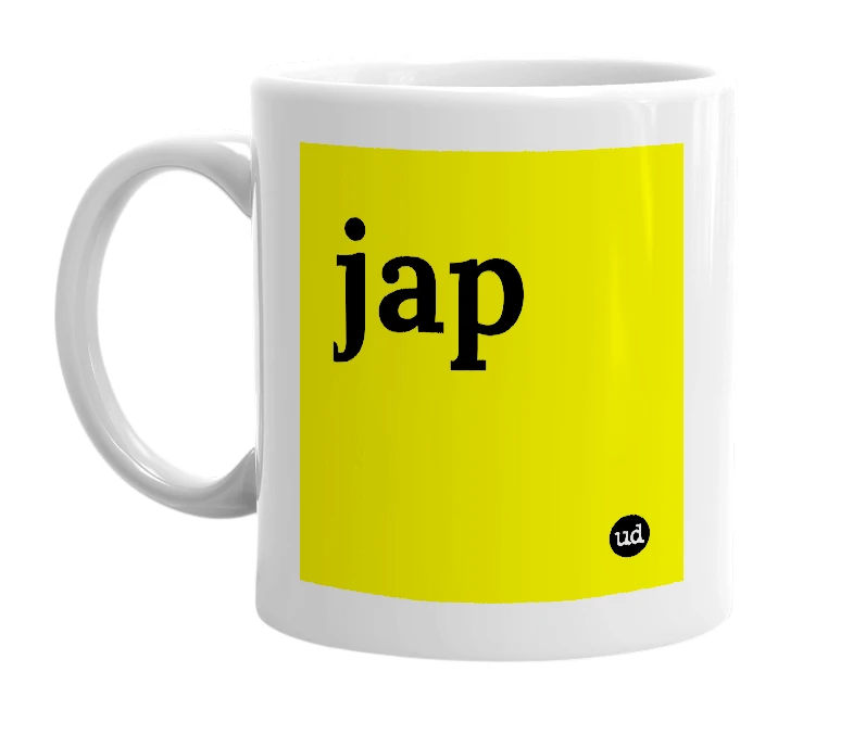 White mug with 'jap' in bold black letters