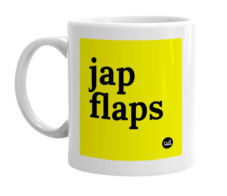 White mug with 'jap flaps' in bold black letters