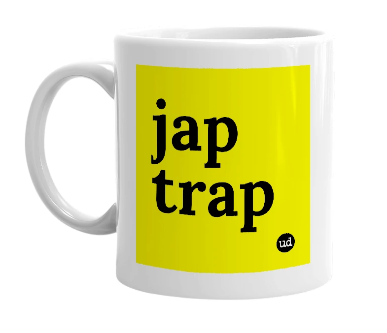 White mug with 'jap trap' in bold black letters