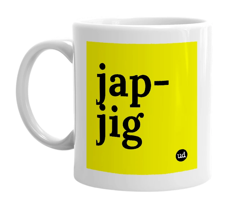 White mug with 'jap-jig' in bold black letters