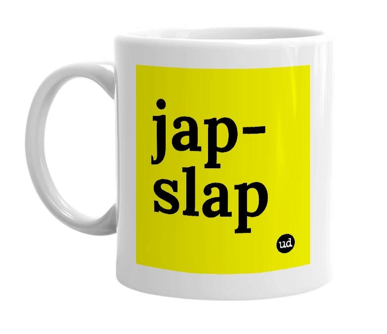 White mug with 'jap-slap' in bold black letters