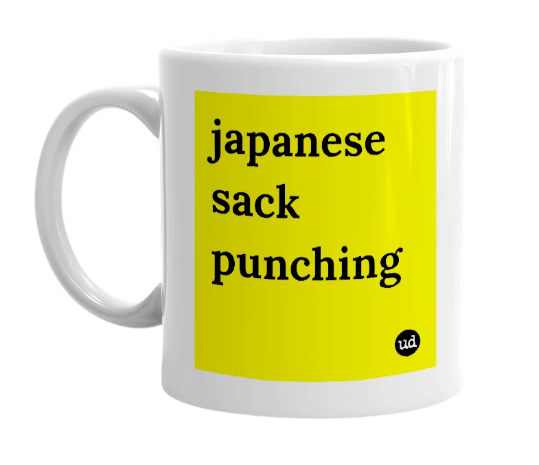 White mug with 'japanese sack punching' in bold black letters