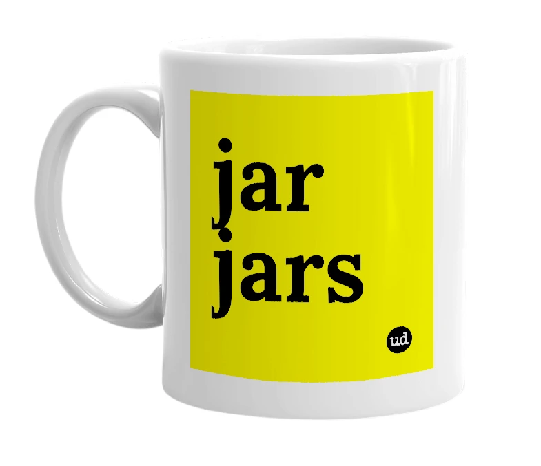 White mug with 'jar jars' in bold black letters
