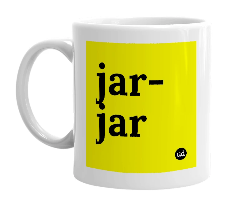 White mug with 'jar-jar' in bold black letters