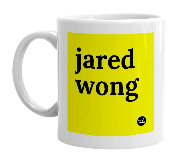 White mug with 'jared wong' in bold black letters