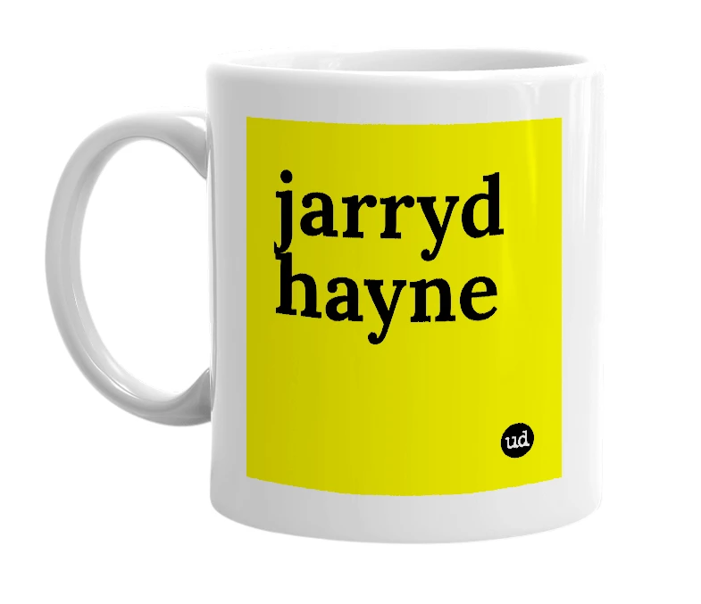 White mug with 'jarryd hayne' in bold black letters