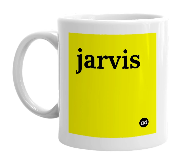 White mug with 'jarvis' in bold black letters