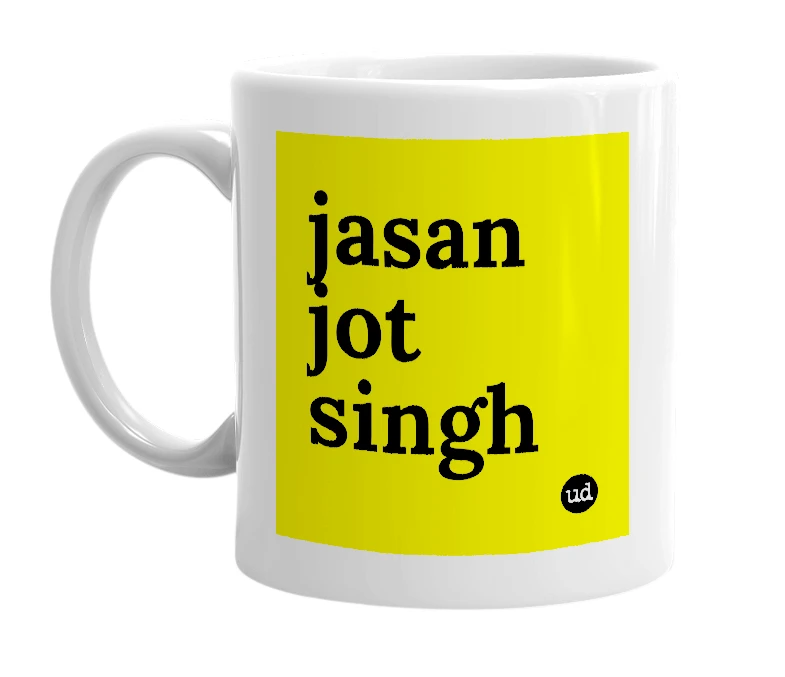 White mug with 'jasan jot singh' in bold black letters